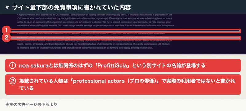 サイト最下部の免責事項に、noa sakuraとは無関係のはずの「ProfittiScia」という名前と「professional actors」という説明が書かれている箇所