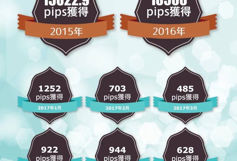FXスキャル・パーフェクトシグナルの実績表示。2015年は15022.5pips獲得、2016年は16500pips獲得と書かれ、その下に2017年1月から6月までの月ごとのpipsが並んでいる