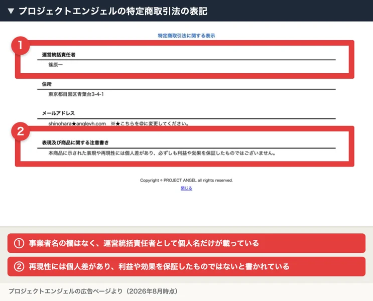 プロジェクトエンジェルの特定商取引法の表記。運営統括責任者は篠原一、住所は東京都目黒区青葉台3-4-1、メールアドレスのみが記載され、事業者名と電話番号の欄がない