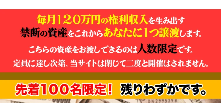 プロジェクトエンジェルの広告ページ。こちらの資産をお渡しできるのは人数限定です、定員に達し次第、当サイトは閉じて二度と開催はされません、先着100名限定、残りわずかですと書かれている