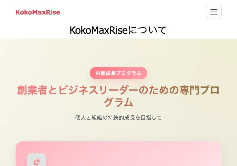 KokoMaxRiseのトップページ。「創業者とビジネスリーダーのための専門プログラム」と書かれ、投資とは無関係な内容が並ぶ