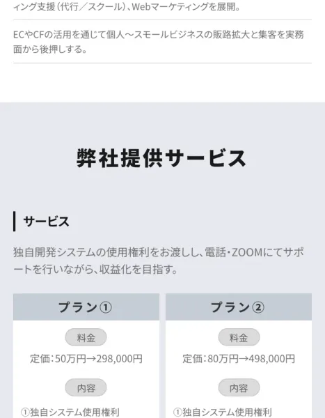 最終的に案内される有料プラン。298,000円と498,000円の2つのコースが用意されている