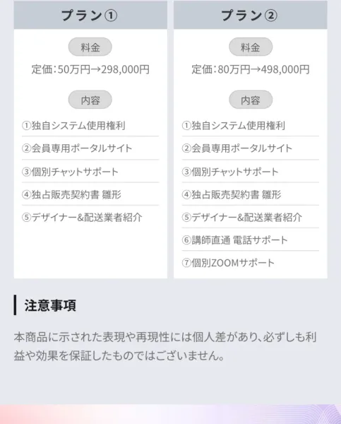 サポート内容の説明。システム利用権やサポートが並ぶが、稼げる保証は書かれていない