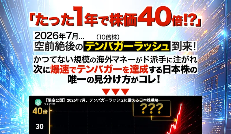 テンバガートレードの広告。たった1年で株価40倍と大きな赤文字で書かれ、空前絶後のテンバガーラッシュ到来と煽っている