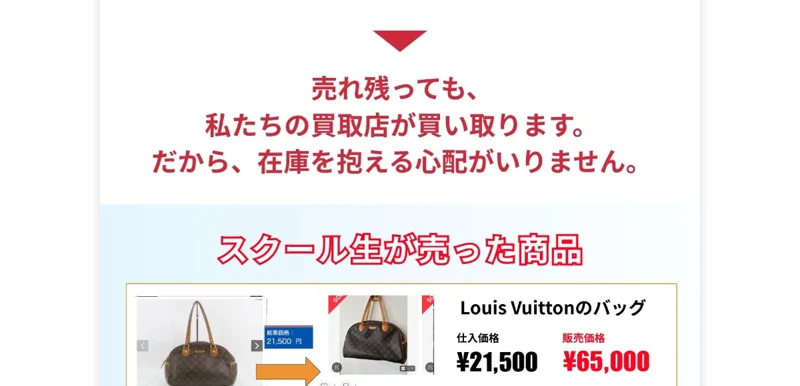 売れ残っても私たちの買取店が買い取るので在庫を抱える心配がいらないと訴える広告