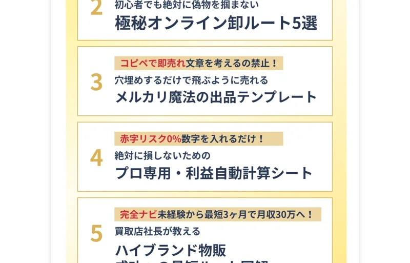 穴埋めするだけの出品テンプレートや利益自動計算シートなど、個別相談参加者限定の特典を並べた広告
