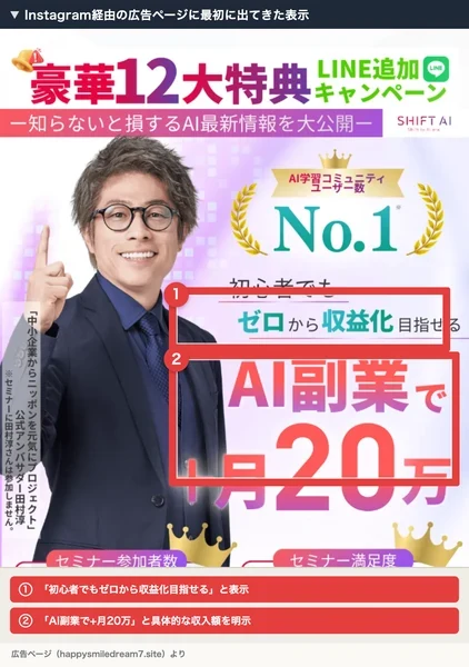 Instagram経由の広告ページに最初に出てきた表示。「初心者でもゼロから収益化目指せる」「AI副業で+月20万」という文言と、セミナー参加者数22万人突破、セミナー満足度94.3%という数字が示されている