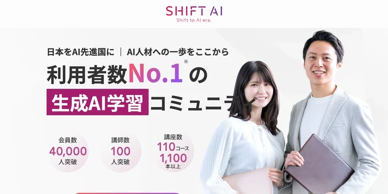 SHIFT AI公式サイトのファーストビュー。利用者数No.1の生成AI学習コミュニティというコピーとともに、会員数40,000人突破、講師数100人突破という数字が並んでいる