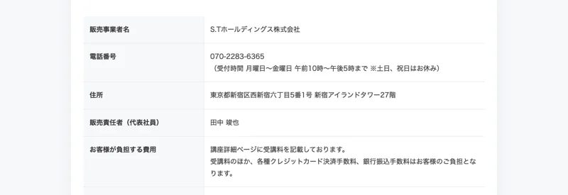SPEED FXの特定商取引法ページ。販売事業者S.Tホールディングス株式会社や電話番号が記載されている