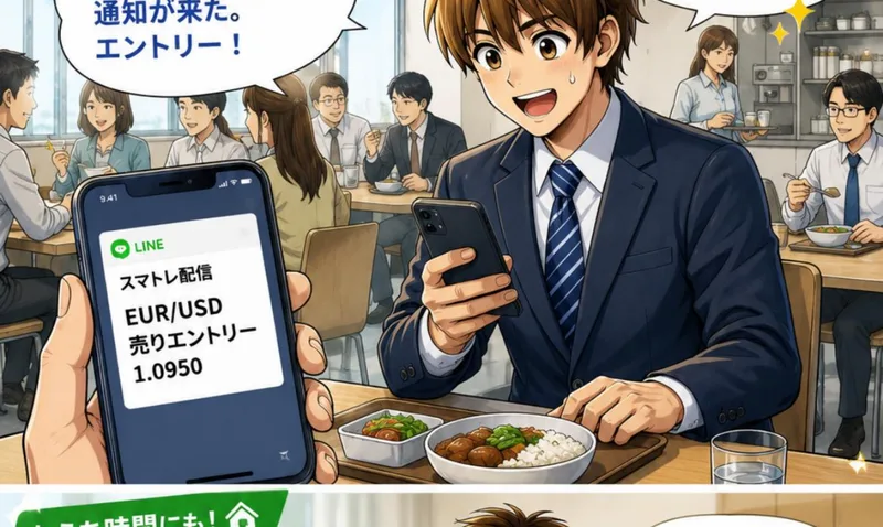 スマトレの配信でユーロドルの売りエントリーという通知が届きその通りにエントリーするだけだと説明する画面