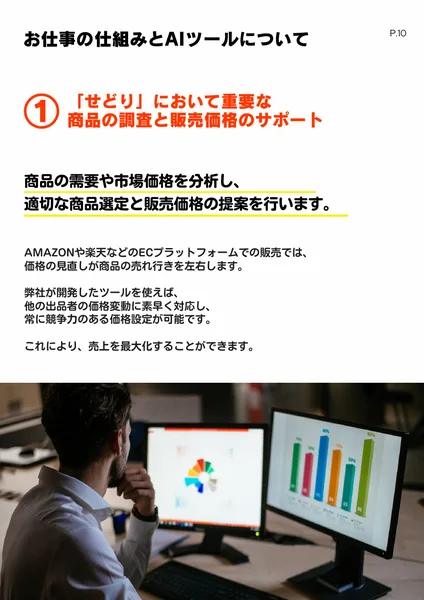 商品の調査と販売価格をAIツールがサポートし在庫管理や発送も任せられると説明する仕組みのページ