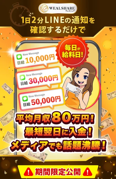 ウェルシェアの広告ページ。1日2分LINEの通知を確認するだけで日給1万円から5万円、平均月収80万円、最短翌日に入金と表示されている