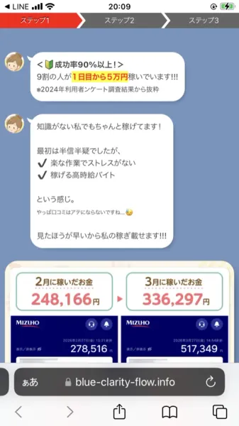 blue-clarity-flow.infoのステップ1画面。「成功率90%以上!9割の人が1日目から5万円稼いでいます」という文言と、2月に248,166円、3月に336,297円稼いだとするMIZUHO銀行アプリ風の画像が掲載されている