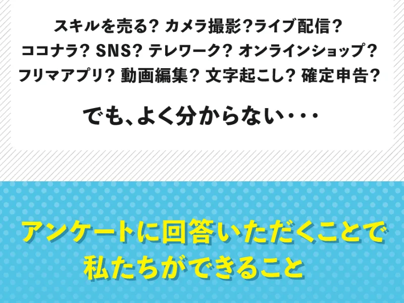 適職診断アンケートの広告ページ。「スキルを売る?カメラ撮影?ライブ配信?オンラインショップ?」など多くの仕事が並び、でもよく分からないと書かれている
