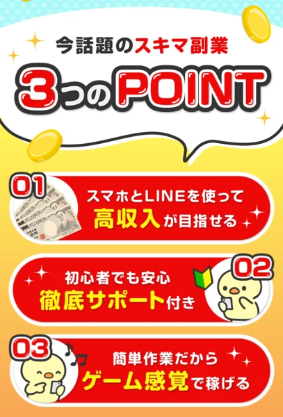 スマホとLINEを使って高収入、初心者でも安心の徹底サポート、ゲーム感覚で稼げるというテリアの3つのポイント