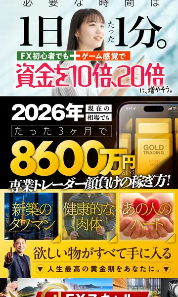 ザ・ゴールドの広告で1日たった1分、FX初心者でもゲーム感覚で資金を10倍20倍に増やそうと謳っている