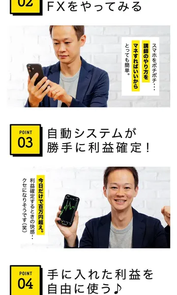 ザ・ゴールドの広告のステップ解説。POINT 02で解説通りにFXをやってみる、POINT 03で自動システムが勝手に利益確定と表示されている