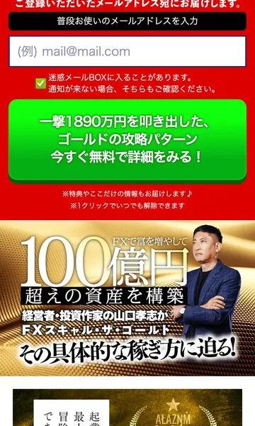 ザ・ゴールドの広告でFX未経験でも3ヶ月後には8625万円、正真正銘本当に得た利益ですと表示している