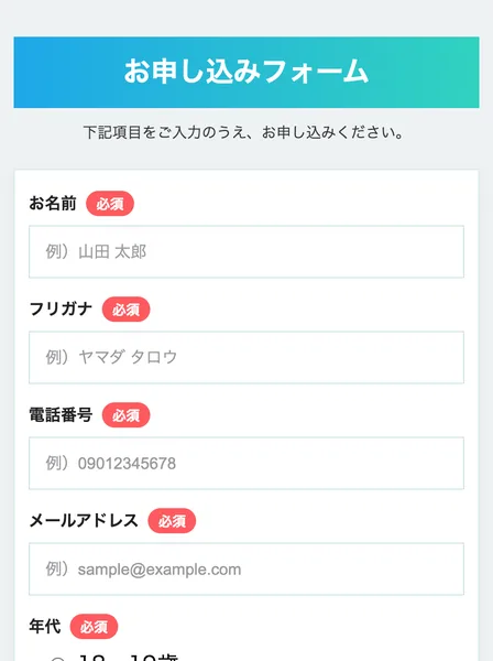 氏名、フリガナ、電話番号、メールアドレスの入力欄と、18〜19歳から80代以上まで並んだ年代の選択肢