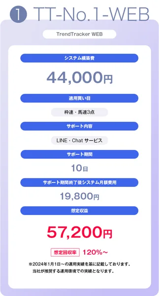 TT-No.1-WEBプラン。システム構築費44,000円、サポート期間10日、サポート期間終了後の月額費用19,800円、想定収益57,200円、想定回収率120%〜と表示されている
