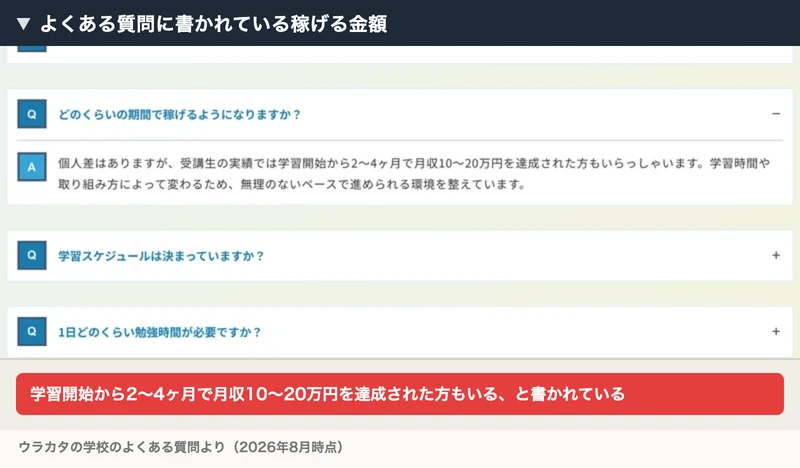 ウラカタの学校のよくある質問。学習開始から2〜4ヶ月で月収10〜20万円を達成された方もいらっしゃいます、と回答されている