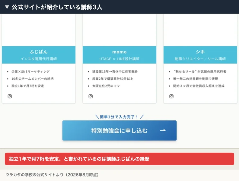 ウラカタの学校の講師3人の紹介。ふじぱんの経歴として独立1年で月7桁を安定、と書かれている