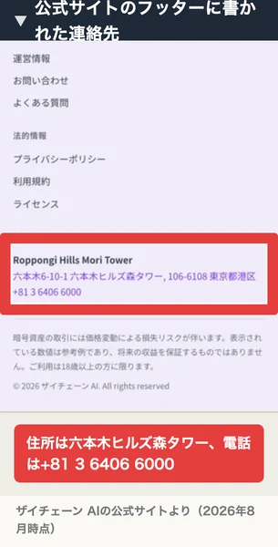 公式サイトのフッター。Roppongi Hills Mori Tower、六本木6-10-1 六本木ヒルズ森タワー 106-6108 東京都港区、+81 3 6406 6000と書かれている